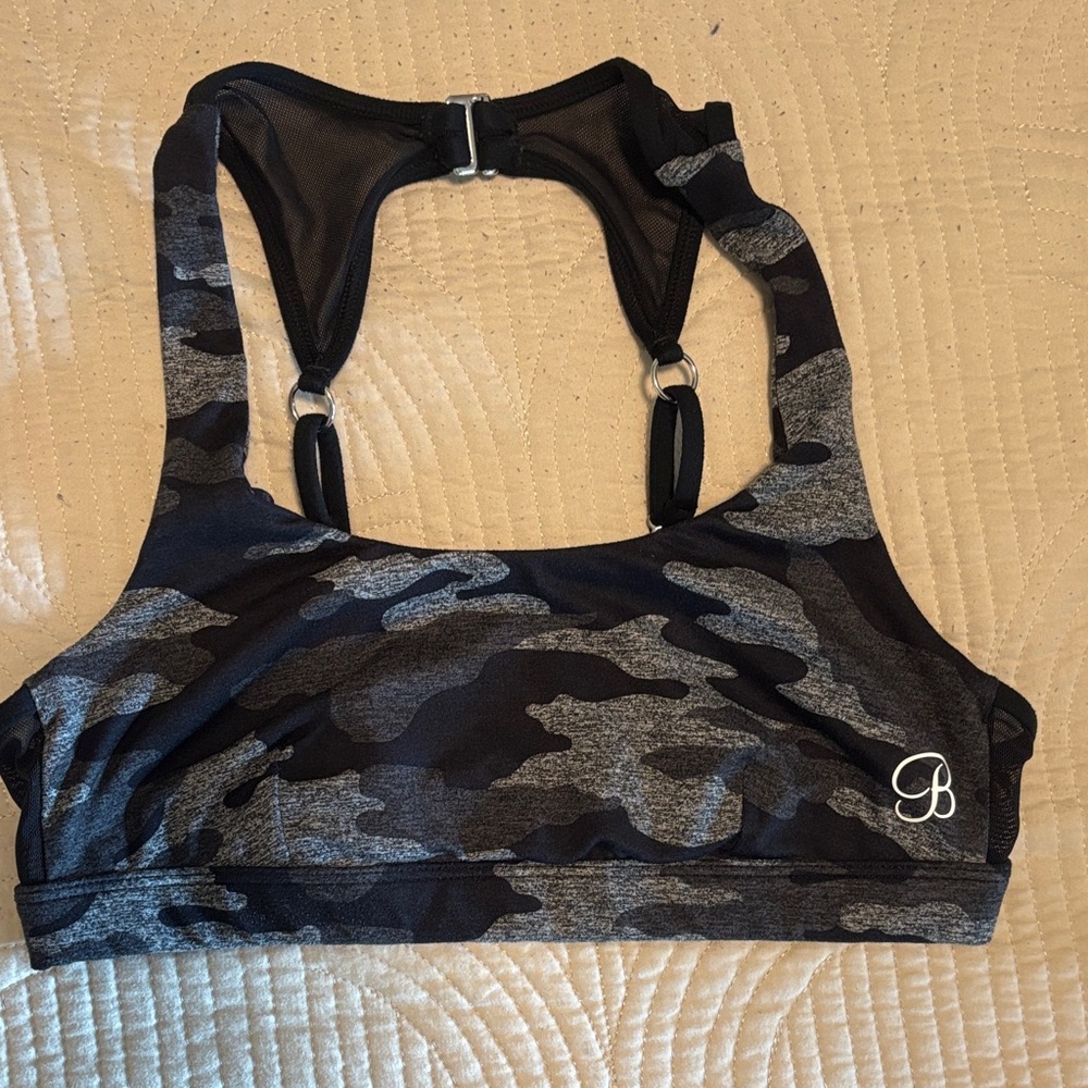 Bombshell Sportswear Black and Gray Camouflage Sports Bra